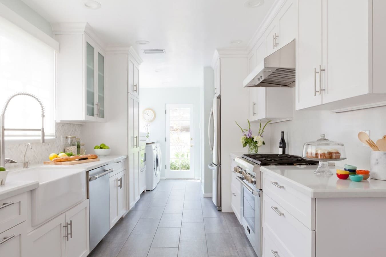 galley kitchen red accent wall