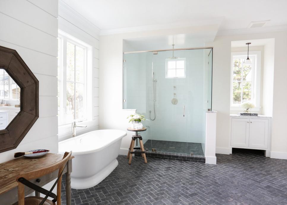 Elegant Gray Herringbone Floor in Bathroom