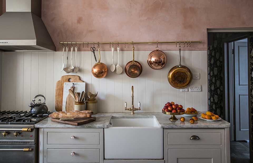 Country Style Kitchen with Pot Rack - Country - Kitchen